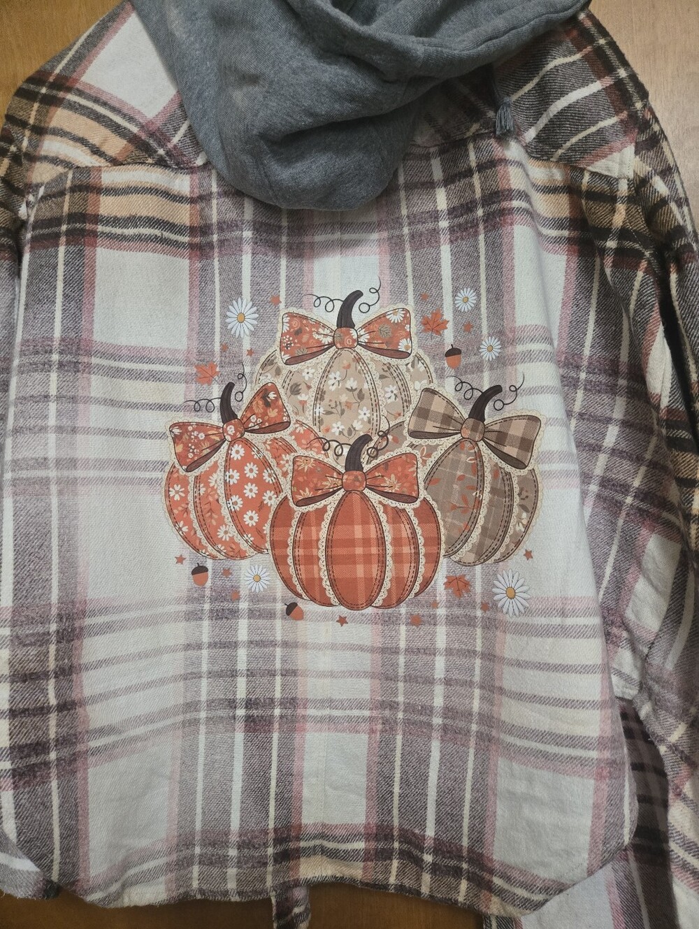 “Upcycled Plaid Flannel Jacket with Hood Pumpkin Patch Fall Aesthetic Fl100